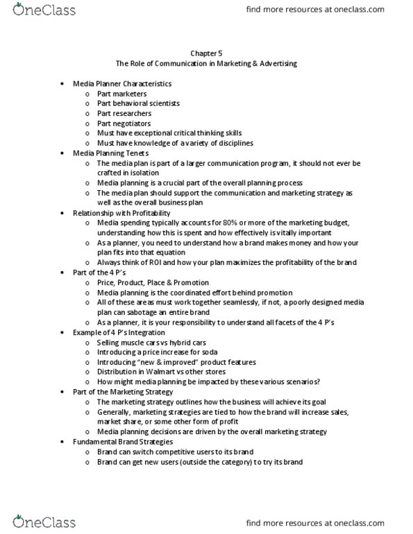 ADV 310 Lecture Notes - Lecture 5: Media Planning thumbnail