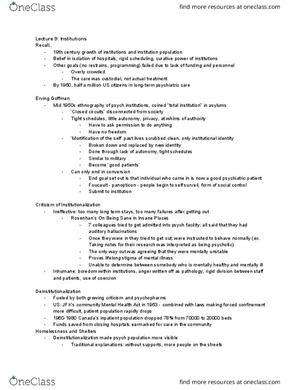 HLTHAGE 2GG3 Lecture Notes - Lecture 9: Erving Goffman, Deinstitutionalisation, Total Institution thumbnail