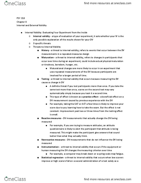 PSY 310 Chapter Notes - Chapter 8: Internal Validity, Repeated Measures Design, External Validity thumbnail