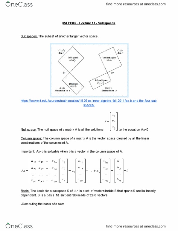 MAT 1302 Lecture Notes - Lecture 17: Row And Column Spaces, Free Variables And Bound Variables thumbnail