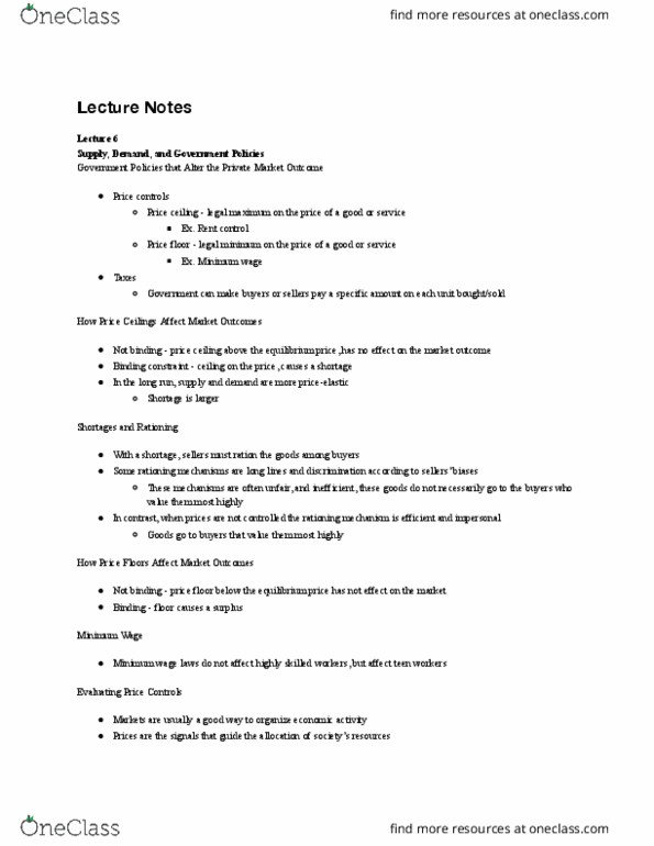 ECON 102 Lecture Notes - Lecture 6: Price Ceiling, Price Floor, Price Controls thumbnail