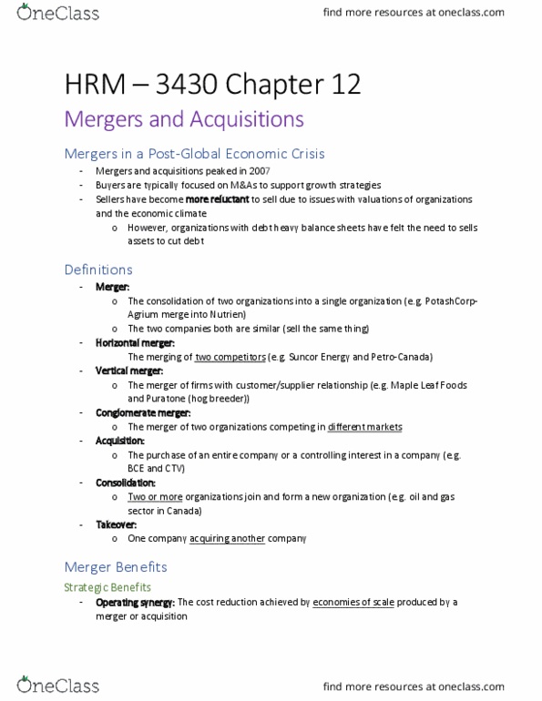 HRM 3430 Chapter Notes - Chapter 12: Maple Leaf Foods, Placer Dome, Suncor Energy thumbnail