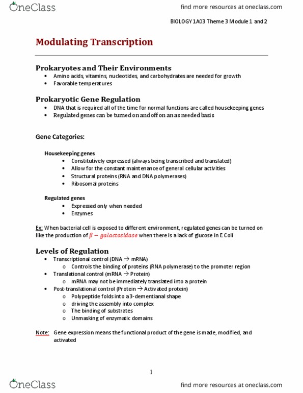 BIOLOGY 1A03 Lecture Notes - Lecture 11: Gene Expression, Escherichia Coli, Lac Repressor thumbnail