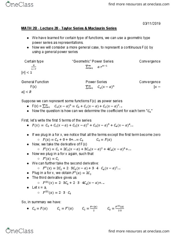 MATH 2B Lecture Notes - Lecture 28: Taylor Series, Ratio Test cover image