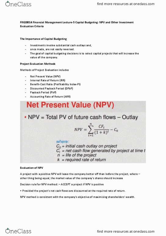 FIN20014 Lecture Notes - Lecture 5: Discounted Cash Flow, Capital Budgeting, Net Present Value thumbnail