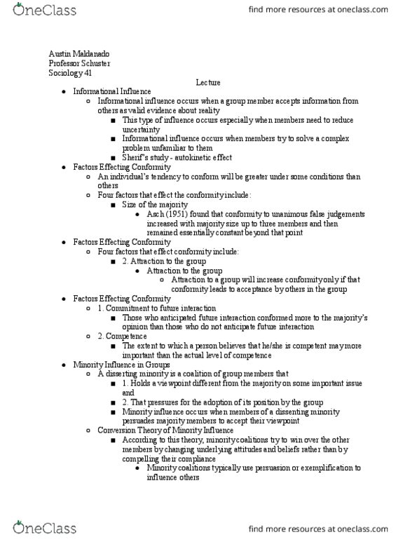 SOCIOL 41 Lecture Notes - Lecture 75: Arthur Schuster, Minority Influence thumbnail