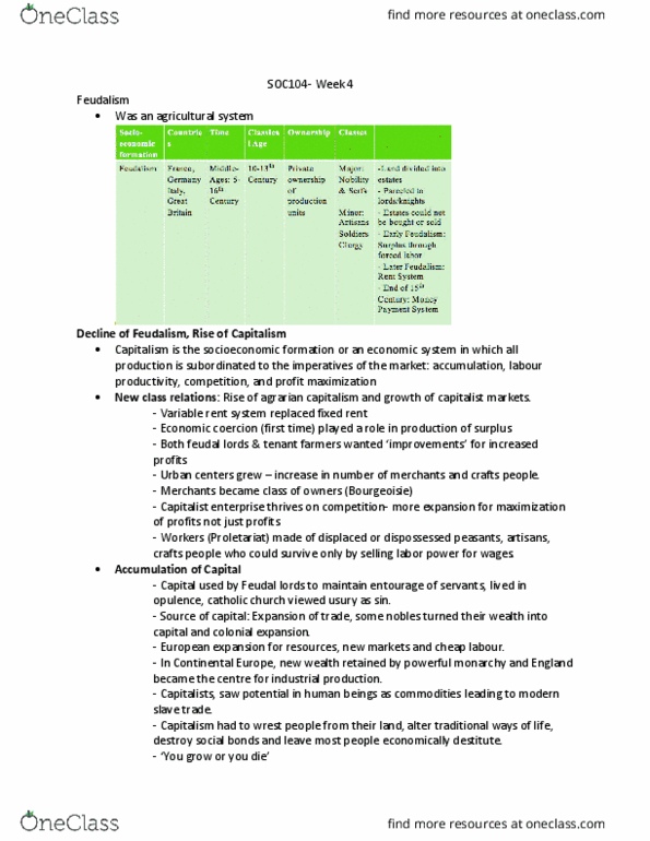 SOC 104 Lecture Notes - Lecture 4: Profit Maximization, Labour Power, Feudalism thumbnail