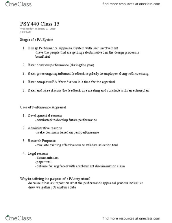 PSY 440 Lecture Notes - Lecture 15: Performance Appraisal, Job Analysis thumbnail