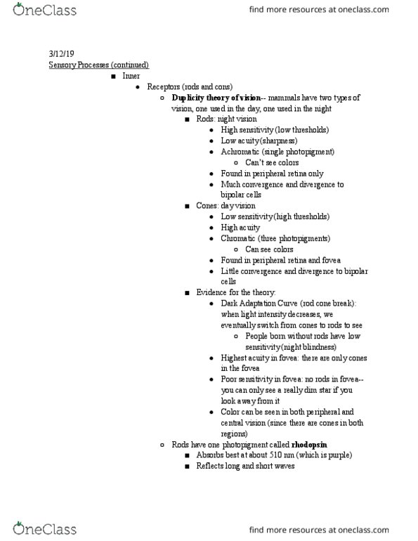 PSYC 1100 Lecture Notes - Lecture 15: Color Vision, Rhodopsin, Retina thumbnail