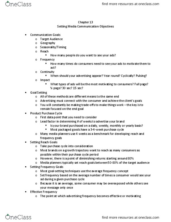 ADV 310 Lecture Notes - Lecture 13: Media Planning, Diminishing Returns, Barometer thumbnail