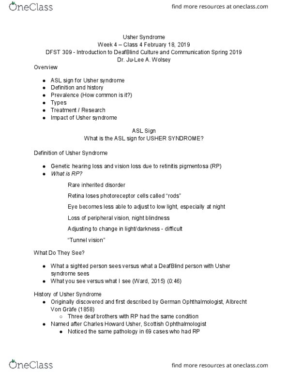 DFST 309 Lecture Notes - Lecture 4: Usher Syndrome, Retinitis Pigmentosa, Deafblindness thumbnail