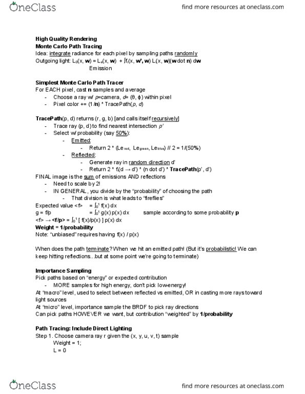 CSE 167 Lecture Notes - Lecture 18: Importance Sampling, Path Tracing, Bidirectional Reflectance Distribution Function thumbnail