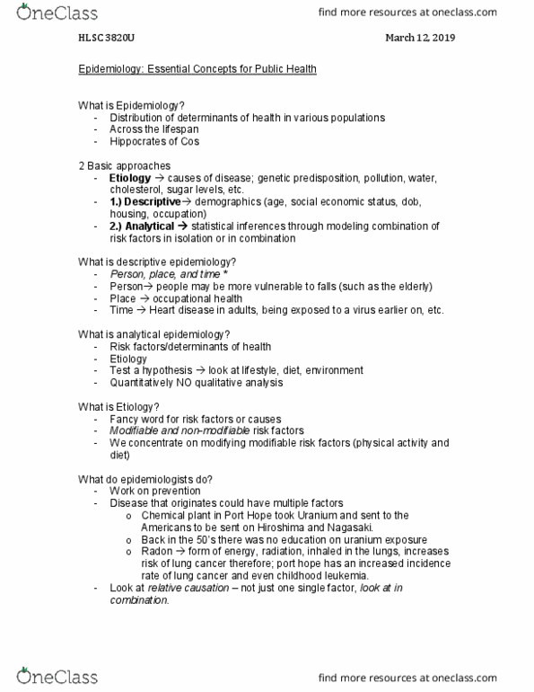 HLSC 3820U Lecture Notes - Lecture 6: Lung Cancer, Public Health, John Graunt thumbnail