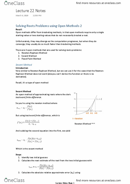 Civil and Environmental Engineering 2219A/B Lecture Notes - Lecture 22: Secant Method, Approximation Error, Fixed-Point Iteration thumbnail