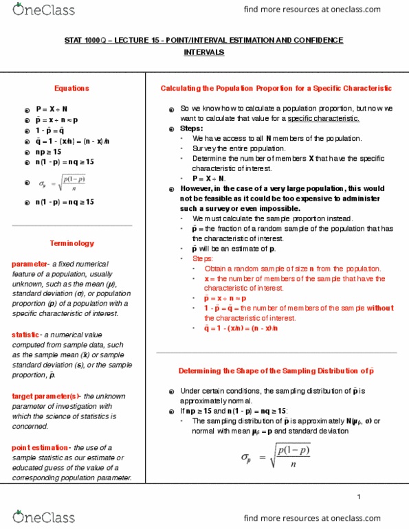 STAT 1000Q Lecture 15: Week 8 Cornell-style Notes [TYPED] cover image