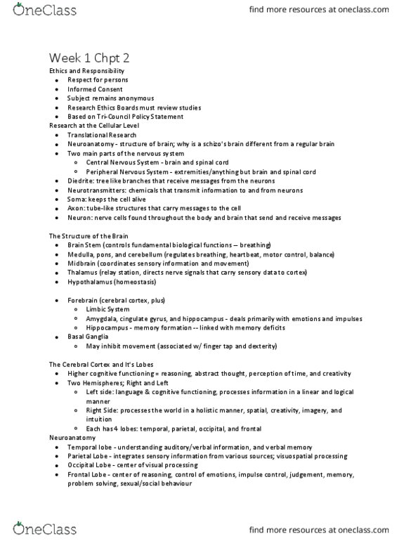 Psychology 2030A/B Lecture Notes - Lecture 2: Temporal Lobe, Peripheral Nervous System, Basal Ganglia thumbnail