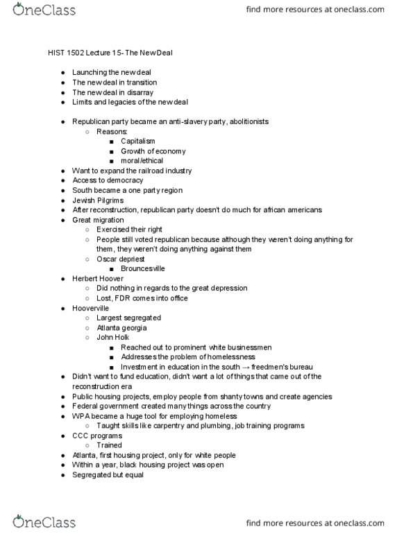 HIST 1502 Lecture Notes - Lecture 15: Herbert Hoover, Hooverville, Reconstruction Era thumbnail