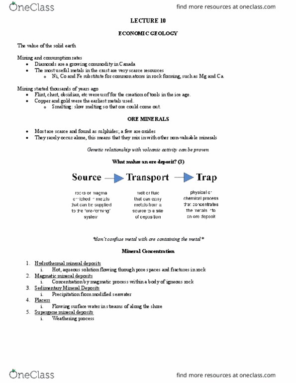 GEO 1111 Lecture Notes - Lecture 10: Ore, Hydrothermal Vent, Chemical Trap thumbnail