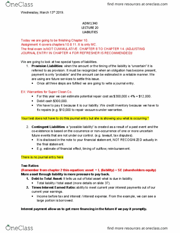 ADM 1340 Lecture Notes - Lecture 20: Financial Statement, Deferral cover image