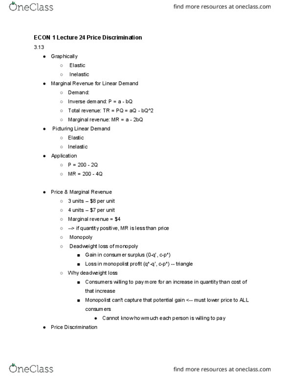 ECON 1 Lecture Notes - Lecture 29: Deadweight Loss, Marginal Revenue, Economic Surplus cover image