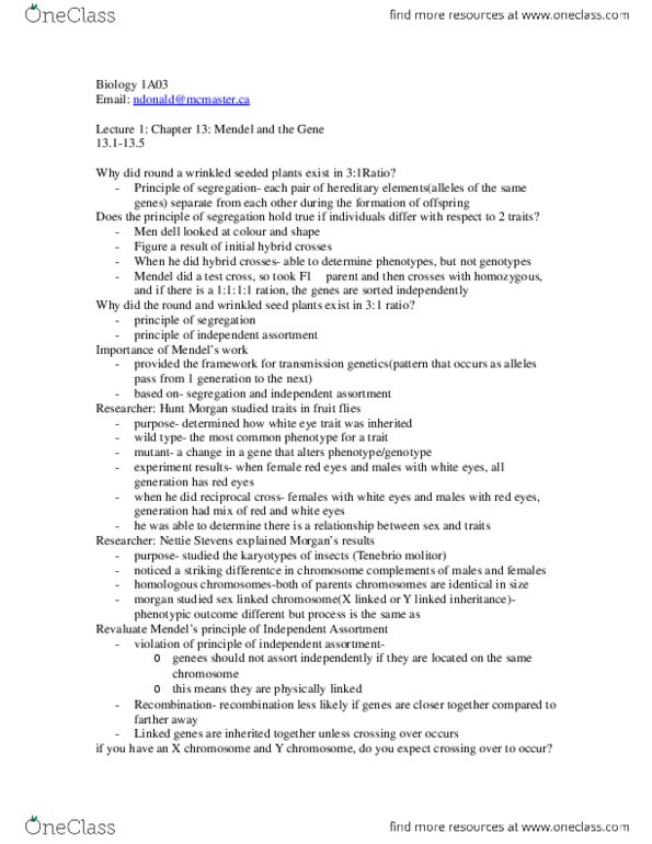 BIOLOGY 1A03 Lecture Notes - Chromosome thumbnail