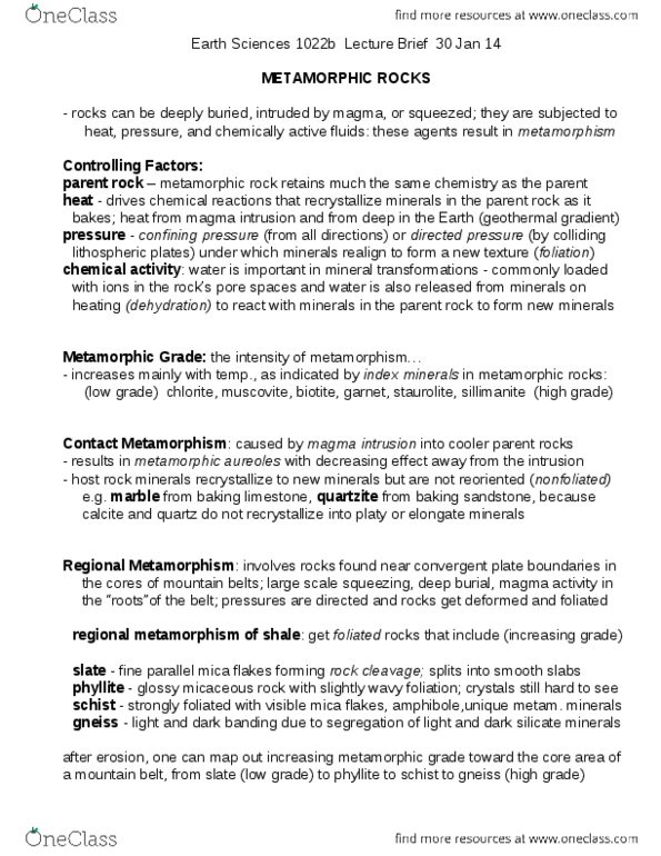Earth Sciences 1022A/B Lecture Notes - Schist, Mica, Amphibole thumbnail