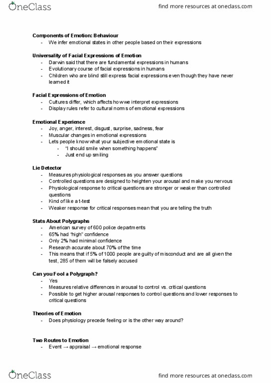 Psychology 1100E Lecture Notes - Lecture 37: Display Rules, Facial Feedback Hypothesis thumbnail