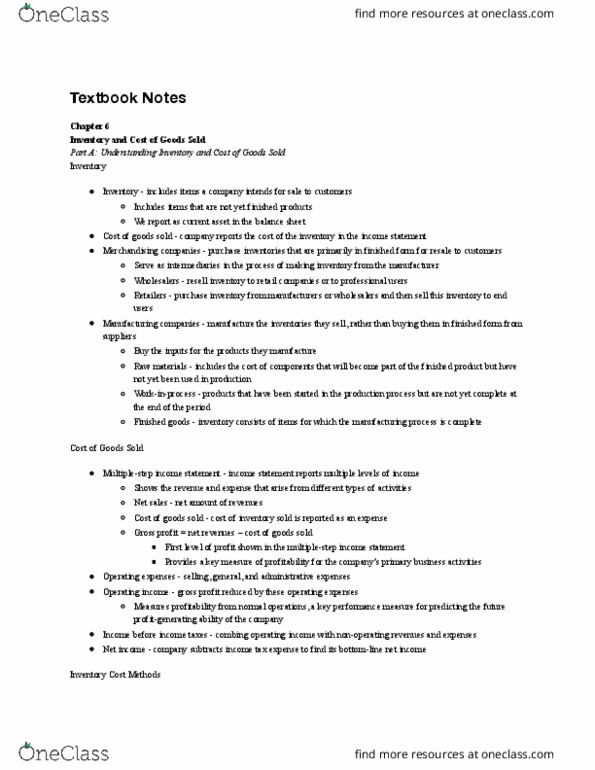 ACCTG 201 Chapter Notes - Chapter 6: Operating Expense, Gross Profit, Balance Sheet thumbnail