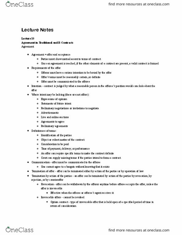 FIN 240 Lecture Notes - Lecture 15: Option Contract, Meeting Of The Minds, Electronic Signatures In Global And National Commerce Act thumbnail