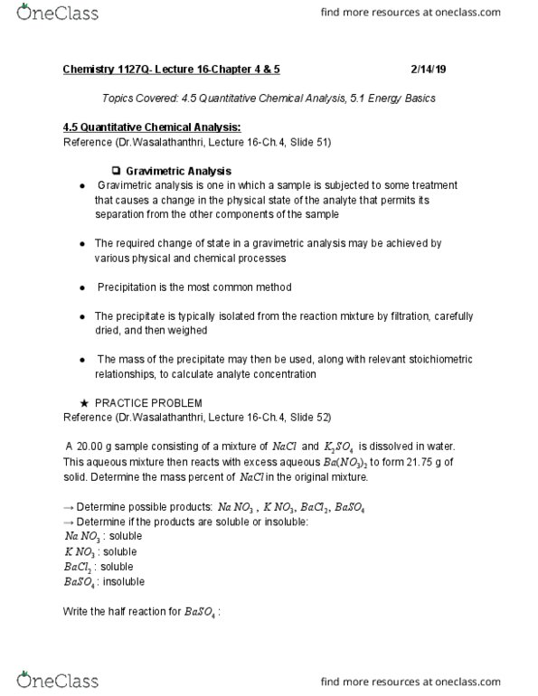 CHEM 1127Q Lecture Notes - Lecture 16: Gravimetric Analysis, Chemical Energy, Sodium Chloride thumbnail