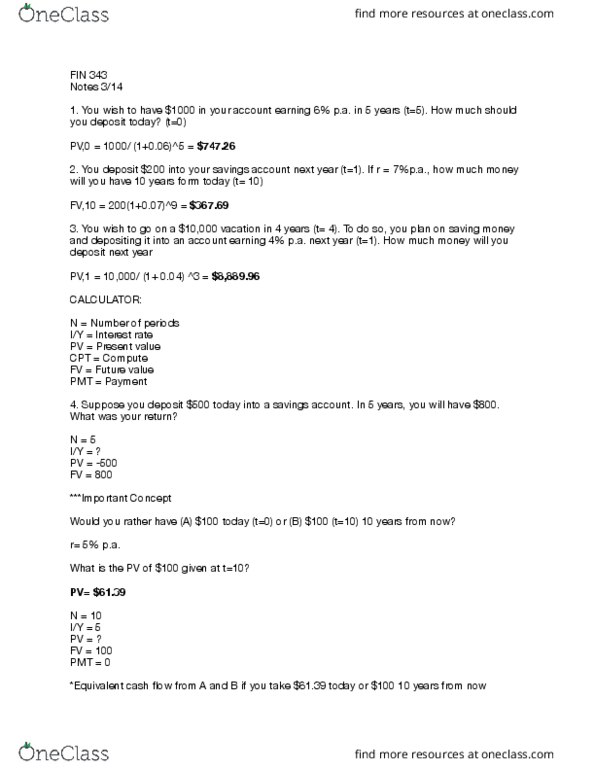 FIN 343 Lecture Notes - Lecture 14: Savings Account, Interest Rate thumbnail