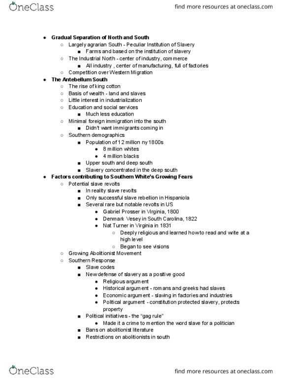 HIST 015A Lecture Notes - Lecture 11: Denmark Vesey, Gabriel Prosser, History Of The Southern United States thumbnail