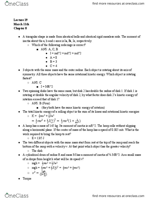 PHYS 6A Lecture Notes - Lecture 19: Rotational Energy, Angular Velocity cover image