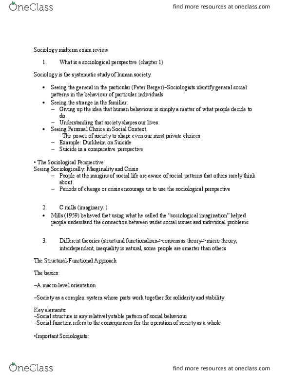 SOC 1100 Lecture Notes - Lecture 1: Structural Functionalism, Social Inequality, Cooperativeness thumbnail