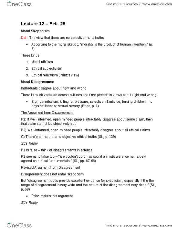 PHLA11H3 Lecture Notes - Lecture 12: Moral Skepticism, Ethical Subjectivism, Moral Nihilism thumbnail