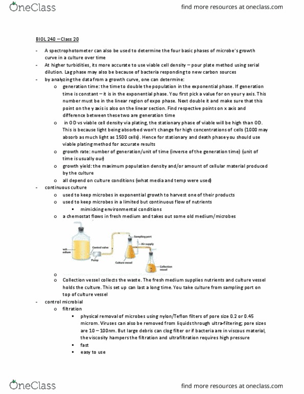 BIOL240 Lecture Notes - Lecture 20: Exponential Growth, Serial Dilution, Chemostat thumbnail