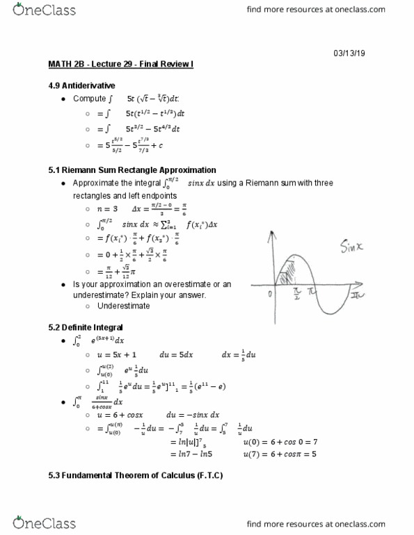 MATH 2B Lecture Notes - Lecture 29: Riemann Sum, Antiderivative cover image