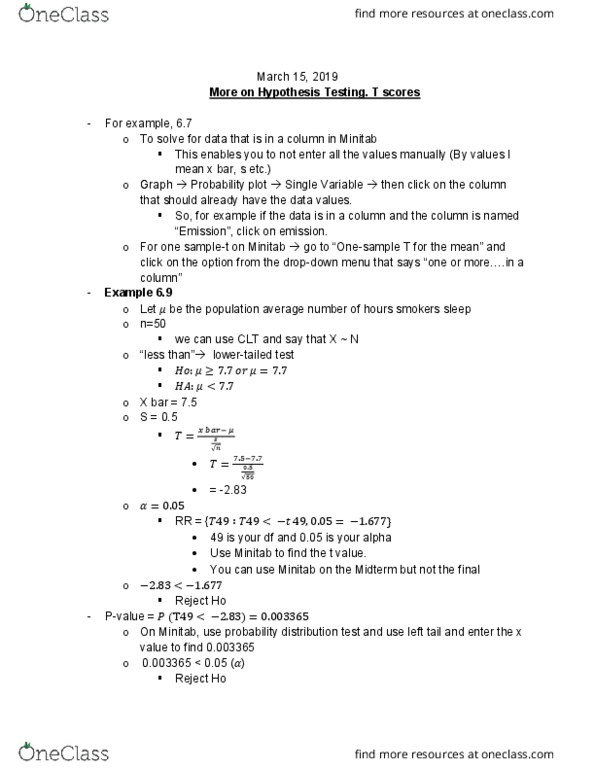 STAT 213 Lecture Notes - Lecture 28: Minitab, Probability Plot, Test Statistic cover image