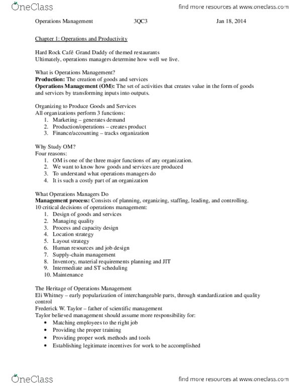 COMMERCE 4OB3 Chapter 1: Chapter 1 - Operations Management thumbnail