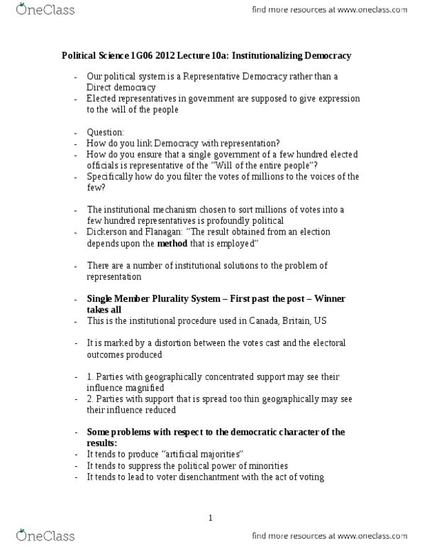 POLSCI 1G06 Lecture Notes - Plurality Voting System, Direct Democracy thumbnail