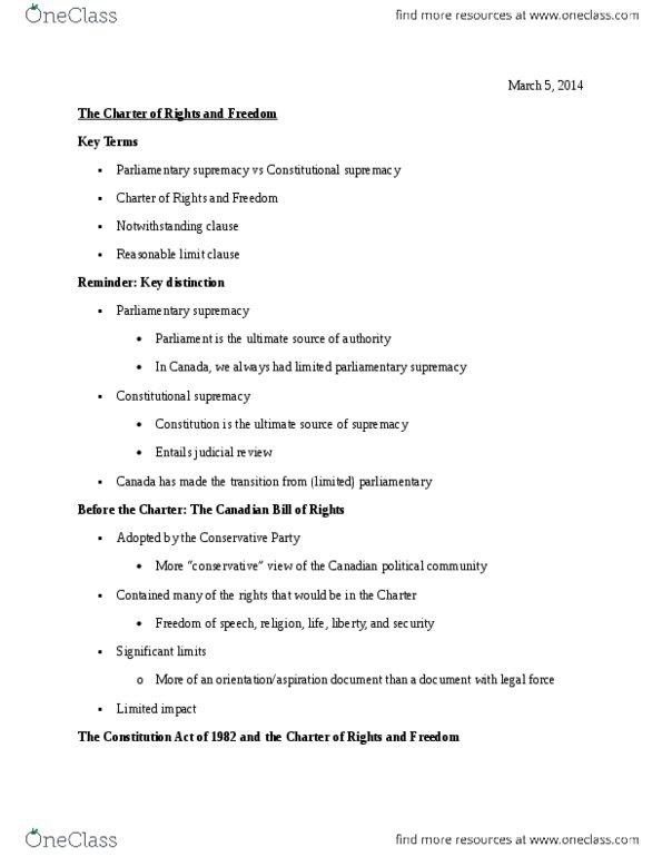 POL 2101 Lecture Notes - Lecture 13: Linguistic Rights, Charter Of The French Language, Parliamentary Sovereignty thumbnail
