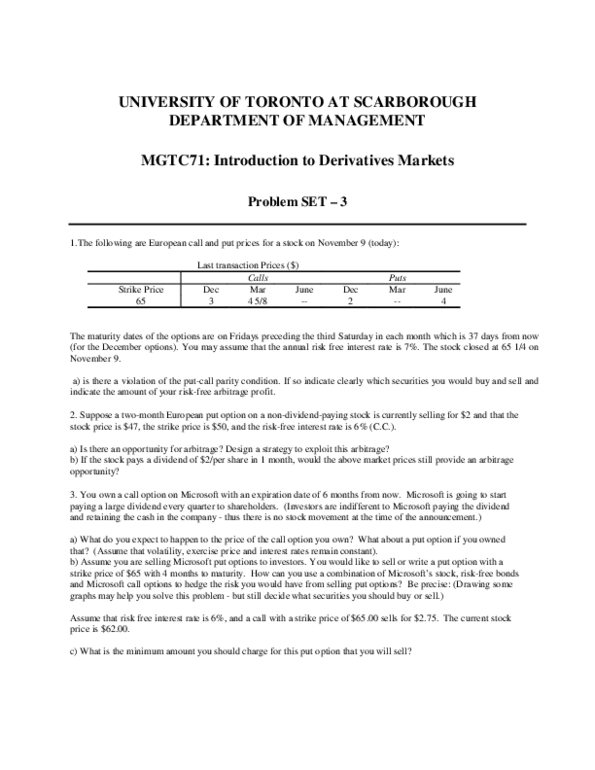 MGFC30H3 Lecture Notes - Arbitrage, Call Option, University Of Toronto Scarborough thumbnail