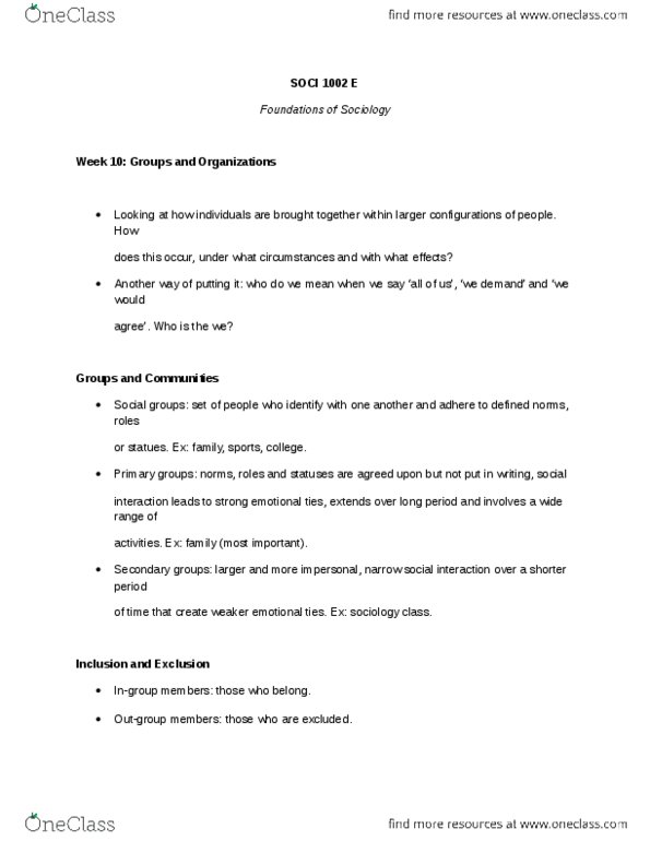 SOCI 1002 Lecture Notes - Meritocracy, Mcdonaldization, Oligarchy thumbnail