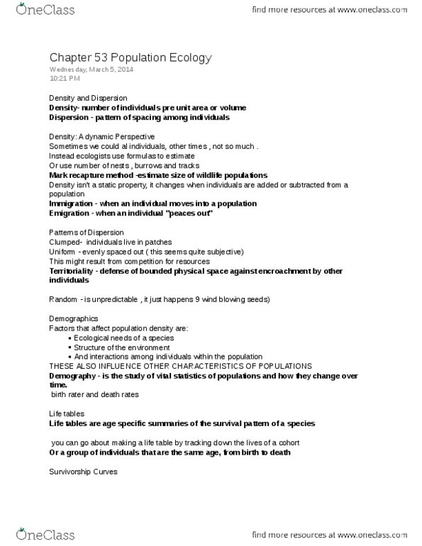 BIO SCI 94 Chapter Notes - Chapter 53: Survivorship Curve, Exponential Growth, Carrying Capacity thumbnail