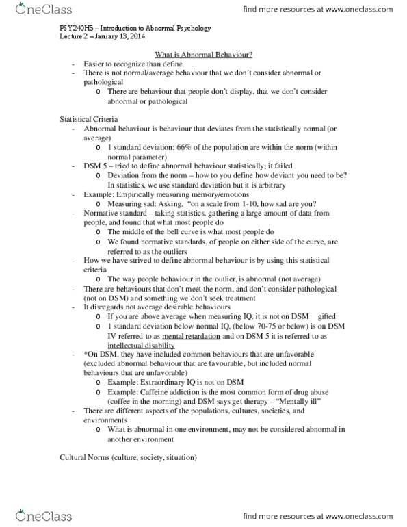 PSY240H5 Lecture Notes - Lecture 2: Comorbidity, Thomas Szasz, Prefrontal Cortex thumbnail