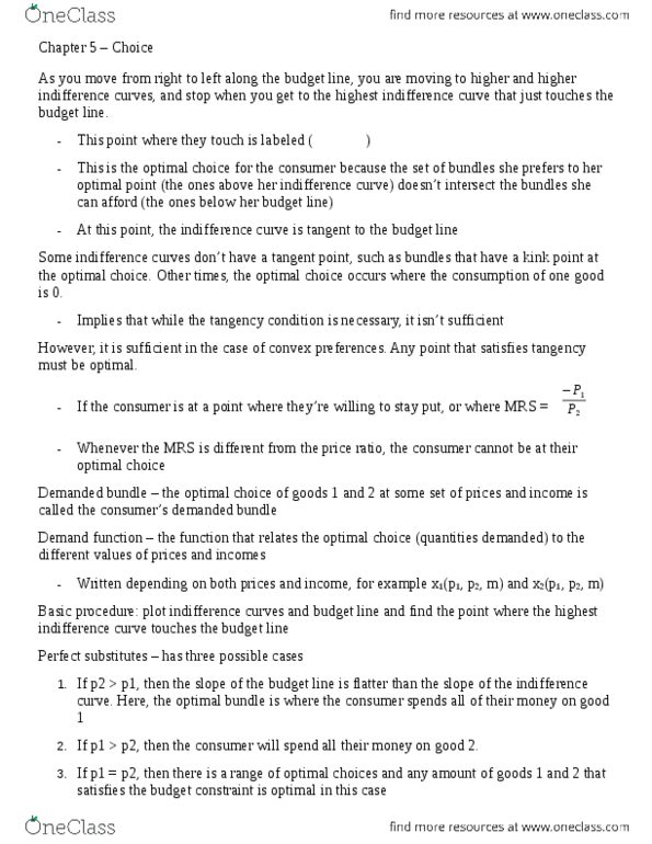 ECON2201 Chapter Notes - Chapter 5: Budget Constraint, Indifference Curve, Convex Preferences thumbnail