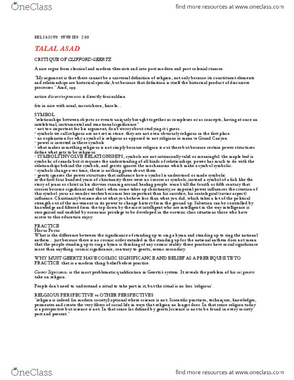 RELIG200 Lecture Notes - Sui Generis, Talal Asad, Clifford Geertz thumbnail