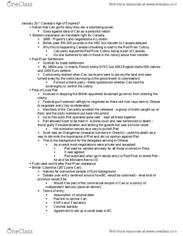 HIST 203 Lecture Notes - Red River Colony, Pacific Scandal, Numbered Treaties thumbnail