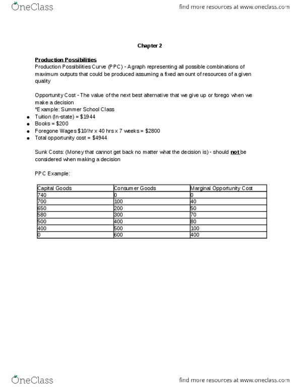 ECON 102 Chapter Notes - Chapter 2: Opportunity Cost, Comparative Advantage, Forego thumbnail