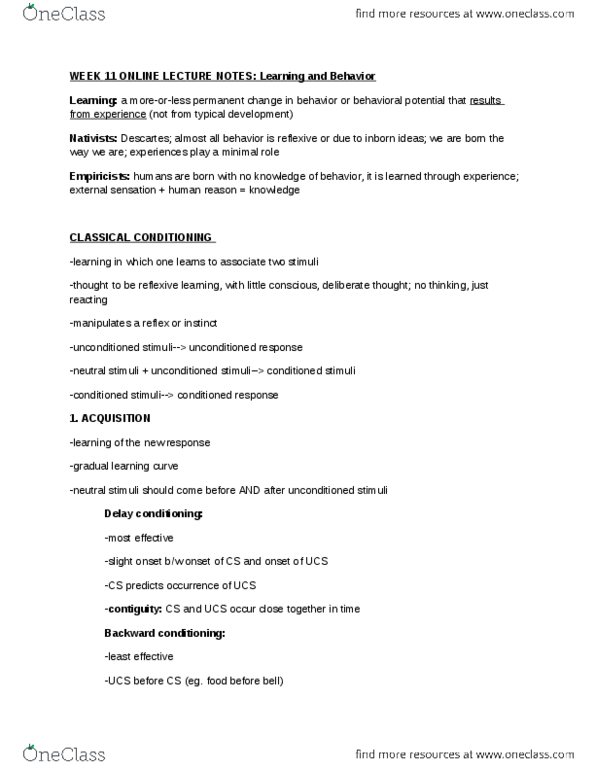 PSYC 100 Lecture Notes - Little Albert Experiment, Contiguity, Classical Conditioning thumbnail